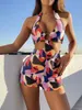 Kadın Mayo 2024 Seksi Tek Parça Mayo Kadın Siyah Renkli Baskı Yular Yüksek Bel Mayo Takım Plaj kıyafeti Maillot de Bain Femme