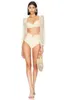Beige Langarmed Mesh Bikini Set für Frauen Design fühlt hohe Taille Strandoutfits 2 Stück Badeanzug Deck maxi Kleid 240423