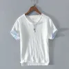 T-Shirts 2022 New white shirt men summer short sleeve breathable linen cotton tops solid high quality man clothing Camisa masculina gym