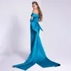 Elegant Long Blue Satin Evening Dresses With Bow Mermaid Off Shoulder Pleated Sweep Train Zipper Back Prom Dresses for Women