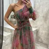 Casual Dresses Women Evening Dress One Shoulder Doule-layered Tie-dye Flower Print Rose Decor Mesh Bubble Sleeve Floor Length Split Hem Ball