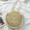 Drawstring Summer Round Strå axelväskor för kvinnor Casual Handmade Rattan Woven Beach Crossbody Bag Female Travel Shopping Handväska Totes