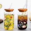 Tubllers 3D kwiatowy nadruk 16 uncji szklane puszki Mason Bubble Water Butelka z bambusową pokrywką słomkę Picie puszki Zestaw Soda lodowa kawa H240425