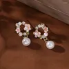 Orecchini penzolanti corean Sweet Pink Peach Blossom per donne imitazione perla zircone goccia per le orecchie da matrimonio festa di gioiello regalo di compleanno
