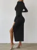 Casual Dresses WJFZQM Deep V Neck Long Sleeve Black Bodycon For Women Split Dress Sexy Tight Ruffle Club Party Ruched 2024