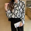 Lace-up Bow Letter Print Women Shirt Lantern Long Sleeve Chiffon Blouse V-Neck French Button Versatile Base Layer Loose Casual top
