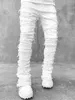 High Street White Masculino Jeans empilhados Torchinha esticada Tassel Denim Denim Comprimento completo calças Hip-pop para masculino 240420