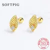 Stud Earrings SOFTPIG Real 925 Sterling Silver Zircon CZ Leaves Piercing Screw Ball Thread Bead For Women Cute Fine Jewelry