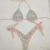 Suite de maillots de bain Suites de bain Femme Triangl Bikini Bikini Set Nylon Diamond Bikini Low Waist Beach Crystal Scrunch Halter Tie-côté de Bano Swimwear