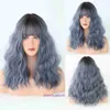 Genuine hair wigs online store Japanese and Korean wig womens haze blue wave curly medium long high temperature silk set Blue Wigs