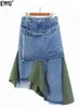 EWQ onregelmatige denim rok zomer persoonlijkheid hoge taille losse streetwear middele lengte midi rokken y2k ruche zoom kleren 240420