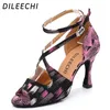 Dansschoenen Dileechi Latin Purple Print Leather Party Salsa Ballroom Dancing High Cuba Heel 9cm zachte buitenzool