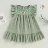 Girl's jurken katoenen linnen jurk peuter meisjes mouwloze ruches sundress bloemen geborduurde flare jurk baby kinderen zomerkleding (roze 1-2 d240425