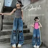 Mode tieners gat rechte jeans grote meisjes houden van hart brede benen denim broek zomer oude kinderen casual vest tops z7866