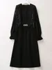 Lässige Kleider Mode Frauen Midi Kleid elegante lange Spitzenärmel Paillettenstifte mit Gürtel