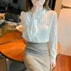 Blouses des femmes 2024 Femmes Ruffled Sweet Chic Stand Collar Solid Murffon Shirts coréens Fashion Long Manche Top Blouse Blouse de Mujer
