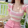 Damen T-Shirts süße rosa Streifen T-Shirts Frauen Kurzarm Dünne gestrickte Ernte Tops enthüllen Schlangenwunsch T-Shirts Sommer Schlanker sexy sexy