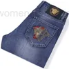 Men's Jeans Designer Spring and summer thin color head VJ half face cotton elastic blue slim legged mens jeans 82D6