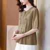 Blouses pour femmes 2024 Summer Color Colon Cotton Linn Shirt Short Sleeve Fashion Volyme d'âge moyen Mothers V-Neck Blouse à poitrine unique