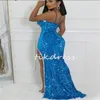 Shine Blue Sequin Sukienki na studniówkę z Spit Seksowną błyszczącą syrenę Afrykańską suknię wieczorową w rozmiarze Spaghetti Formalna sukienka taneczna z koralikami szesnastoma urodzinowymi imprezą 2024