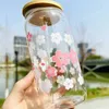 Tumblers Pink And White Flowers16oz Clear Drinking Glass With Bamboo Lid Straw Drink Juice Can Bottle Summer Drinks Cup H240425