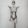 Bühnenbekleidung Spiegel Bodysuit Frauen Tanz Kostüm Golosilver Pailletten Fliegen Schulter hohl Out Raveoutfit Stage Performance Kleidung Gogo Show D240425