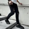 Men High Street Hip Hop Style Ripped Skinny Lápis Jeans Filos Slim Hole Casual calças 240417