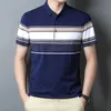 2024 Summer Fashion High Quality All Cotton Stripe Thin Lapel Short Sleeve Top mångsidig affär Casual Mens Polo Shirt 240411