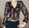 Blouses feminina estilo francês Print vintage Print V pescoço de peito único Camisa de manga longa Short Slim Fit