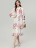 Women's Runway Dresses Turn Down Collar Long Sleeves Printed Single Breasted Lace Up Belt Fashion Casual Mid Vestidos