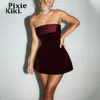 Casual Dresses Pixiekiki Elegant Sexy Tube Top Dress Red Black Velvet Backless Short Party for Women Night Club Outfits C33-CZ13