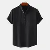 Men's T Shirts Button Neckline Shirt Stylish Stand Collar Button-up For Business Beach Wear Short Sleeve Solid Color Loose Fit Top
