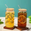 Tumblers 16oz Clear Drinking Glass Can With Bamboo Lid And Straw Juice Coffee Milk Cup For Hot/Cold Drinks Black Line Branches Leaves H240425