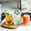 Tumblers 4PCS 400ML Round Glass Cups Vintage Glassware Embossed Pattern Style Transparent Cocktail Glasses Set For Bar Beverages Coffee H240425