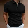 Men's Polos Polo Shirts Blue Mens T-shirt Gym Male With Collar Tee Muscles Tops Zipper Original Clothes Short Quarter Sleeve Fashion