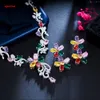 Multicolor Luxury Cubic Zirconia Paved 2pcs Women Wedding Party Bridal Flower Necklace and Earrings Jewelry Set