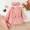 Één-stuks baby pasgeboren babymeisjes 3 stks lente herfst outfits, lange mouw knop voorste ruche romper + sokken + hoofdbandset