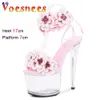 17cm Women's Sandals Summer 2024 Platform Womens Shoes with Dress Crystal Heel Handmade Flowers Ankle Strap High Heels