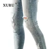 XURU - Jeans europeus e americanos Slim Fit Slim e Perforated for Women Sexy e Personalized Mid Rise Pants K7-6112 240419