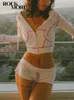 Rockmore 2 조각 세트 분홍색 밝은 선 까마귀 트랙 슈트 여성 캐주얼 스웨트 셔츠 코트 Y2K 저 허리 반바지 복장 2pcs 옷 240420