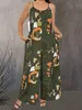 Kvinnors jumpsuits Rompers Bohemian Floral Print Wide Leg Jumpsuit Pocket Y240425