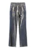 Pantalon féminin jean plaqué or modphy 2024 Brosse d'épissage à bord incliné à ressort pantalon féminin à jambe droite
