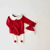 Rompers Nieuwe kerstkleding Baby Peter Pan Patchwork Bodysuit Christmas Hat Leggings H240425