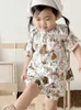 Pajamas 1-5y 2024 Summer Girls Pajama Suit Bamboo Fiber Girls Wear Wear Double Lids Clothing H240425