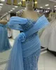 2024 Plus Size Blue Prom Dresses for Black Women Promdress Illusion Sheer Neck Beaded Lace Pearls Rhinestones Decorated Birthday Dress Second Reception Gowns AM778