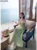Casual Dresses Onalippa Chic Veins Green Long Dress For Women Solid Beach Style Lace Up Maxi French Sleeveless Square Low Neck Vestidos