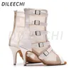 Chaussures de danse dileechi femmes en cuir blanc latin avec boucles nettes fête salsa salle de bal dansant bottes à talon mince élevé