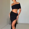 Women's Hoodies European And American Style 2024 Summer Fashionable One Shoulder Slim Fit Bra Texture Split Skirt Set CSM147-4