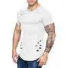 Men's Suits NO.2A2271 Hole Ripped T Shirts Men Short Sleeve T-shirt Fitness Summer Clothes Funny Solid Tshirt Streetwear Slim Tops