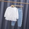 Ensembles de vêtements printemps et automne ensemble de vêtements bébé ensemble de vêtements de vêtements pour bébé fille + pantalon en denim 2024 ensemble de perles 2 à 6 ans Q240425